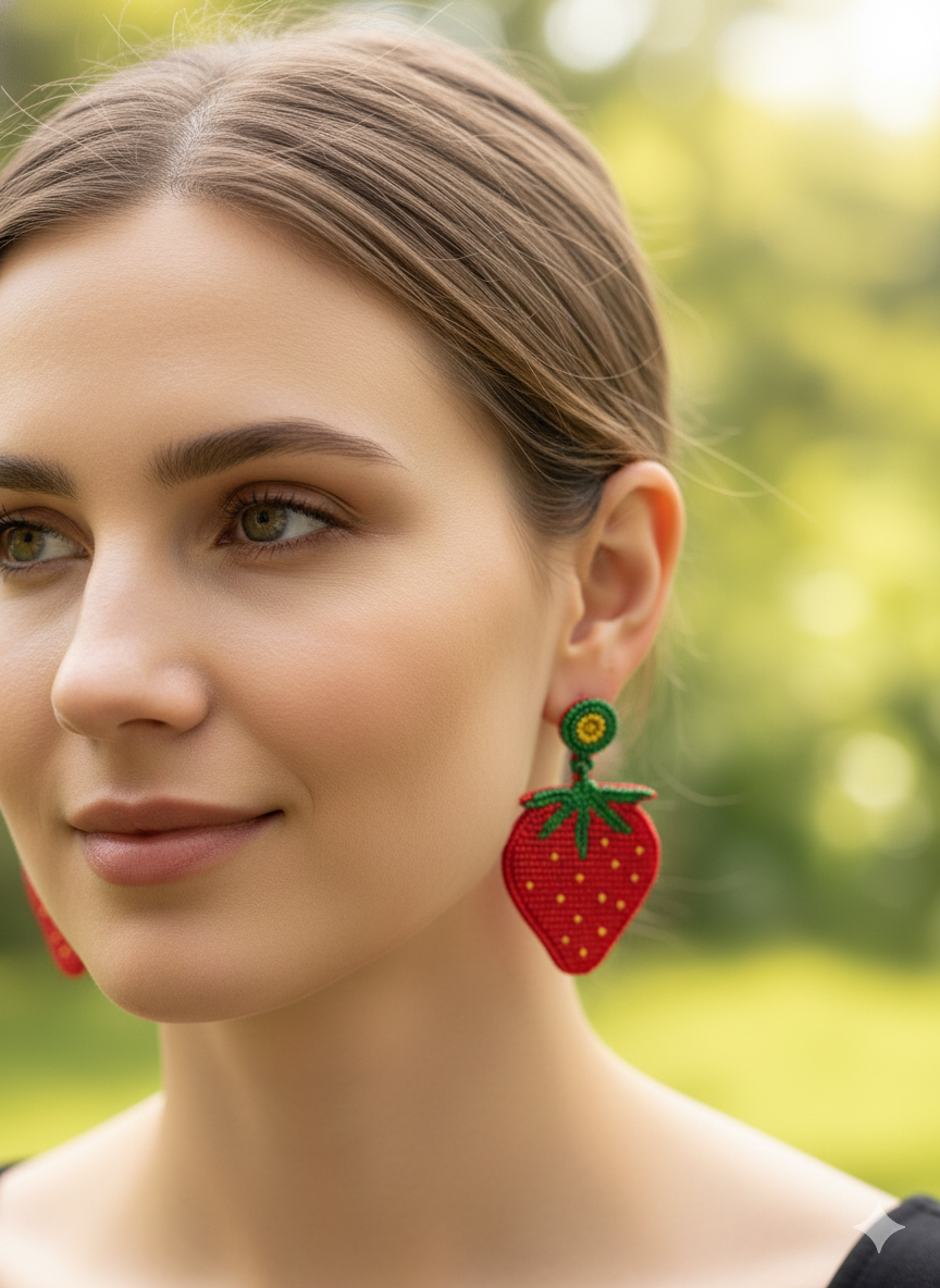 Red Strawberry Beaded Statement Earrings